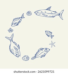 Fish and seashell line sketches