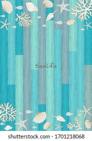 Fish, seashell, starfish and coral frame on blue ocean wood wallpaper vector for decoration on summer holiday season.