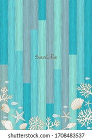 Fish, seashell, starfish and coral frame on blue ocean wood wallpaper vector for decoration on summer holiday season.