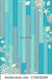 Fish, seashell, starfish and coral frame on blue ocean wood wallpaper vector for decoration on summer holiday season.