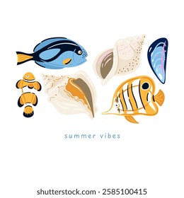 Fish and seashell vector illustration. TRopical exotic fish and conch, summer vibes