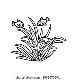 Pescado en el libro de coloración de algas dibujo lineal aislado en fondo blanco