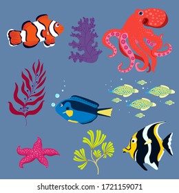 fish and seaweed octopus starfish set cartoon style, vector isolated