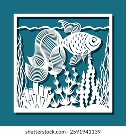 Fish, seaweed in a square frame. Goldfish swims in water, aquarium, lake, sea. Wall carved painting. Vector template for plotter laser cutting of paper, fretwork, wood carving, metal engraving, cnc. 