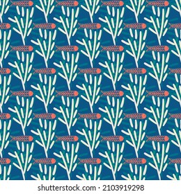 Fish and seaweed vector seamless pattern background. Modern painterly backdrop with underwater plants and shoal of swimming creatures. Blue, pink white geometric design. Aquatic marine habitat repeat.