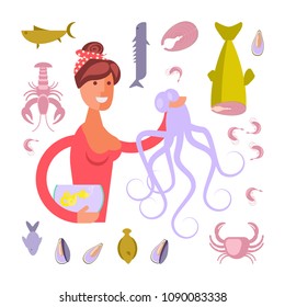 Fish seller character and icons set. Seafood goods collection in flat design.
Vector illustration eps 10