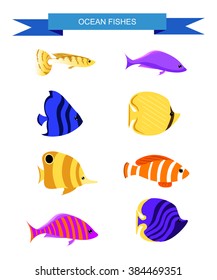 Fish set. Aquarium Fishes set of vector icons. Isolated on white background.flat fish Ocean