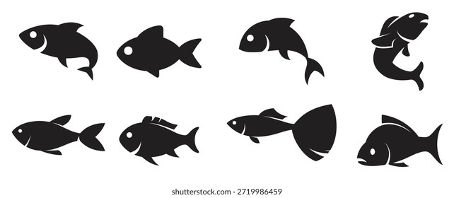 Conjunto de peces iconos simples negros sobre fondo blanco 