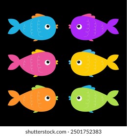 Fish set. Cartoon kawaii cute funny colorful baby character. Marine life icon. Brightly aquarium sea ocean animals. Kids collection. Childish style. Flat design. Black background. Isolated. Vector