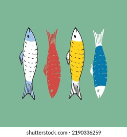 Fish set, Cartoon fish sketch doodle, Vector illustration.