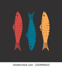 Fish set, Cartoon fish sketch doodle, Vector illustration.