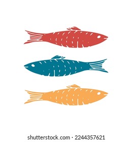 Fish set, Cartoon fish sketch doodle, Vector illustration.