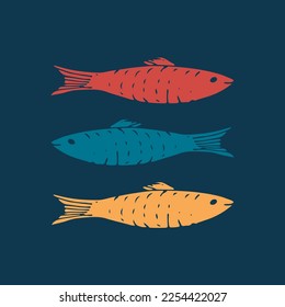 Fish set, Cartoon fish sketch doodle, Vector illustration.