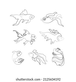 Fish set, continuous line drawing, tattoo, beautiful aquarium fish silhouette single line on a white background, print and logo design, isolated vector line art illustration.