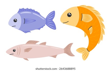 Fish set. Fresh raw edible cartoon fish collection. Hand drawn flat vector illustration isolated on white background