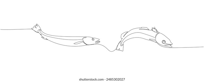 Fischset, Seehecht, Seefisch Eine Linie Kunst. Kontinuierliche Linie Zeichnung von Bauernhof, Natur, Landwirtschaft, Fischzucht, Fischerei.