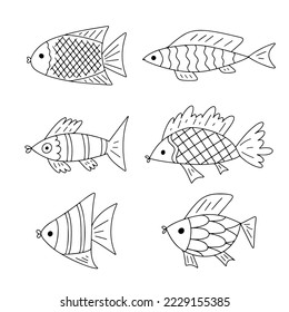 Pescado en forma de doodle dibujado a mano. Colección de peces, acuario, ilustración de vector animal para tela marina tema océano blanco negro.