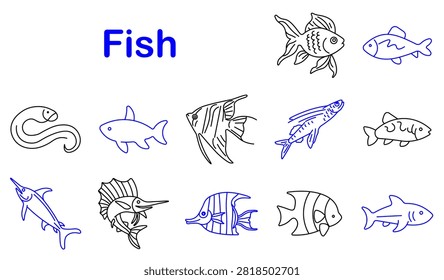 Fish set icon. Eel creature, shark predator, angelfish aquarium, sardine seafood, swordfish hunter, tropical species, marine wildlife, underwater fauna, ocean ecosystem, aquatic biology