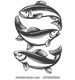 fish set icon, fishing symbol, hand drawn vector illustration realistic sketch