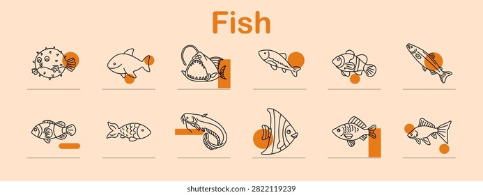 Fish set icon. Spotted puffer, ocean predator, deepsea angler, freshwater species, striped clownfish, jumping salmon, tropical aquarium, decorative carp, whiskered catfish, exotic angelfish