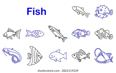 Fish set icon. Tropical species, aquarium creature, ocean predator, freshwater seafood, marine wildlife, underwater fauna, exotic swimming animal, fishing industry, aquatic nature