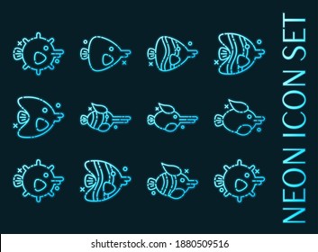 Fish set icons. Blue glowing neon style.