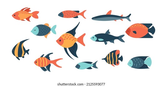 Fish set. Fish icons. Underwater life. Sea world. Flat vector icons. Isolated on white background.