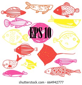 Fish, set of images. Drawing by hand in vintage style. Children's drawing. Sea fish of different sizes. Flounder, stingray, perch.