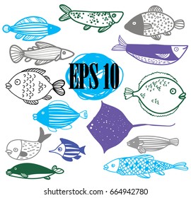 Fish, set of images. Drawing by hand in vintage style. Children's drawing. Sea fish of different sizes. Flounder, stingray, perch.