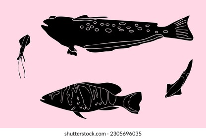 fish set isolated on white, Vector silhouettes of sea and river fish
