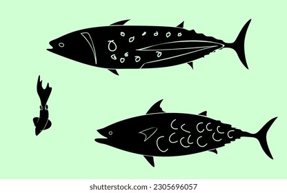 fish set isolated on white, Vector silhouettes of sea and river fish