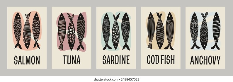 Fish. Set of modern and geometric posters. Hand drawn vector illustration. Modern backgrounds for cover, label, banner, exhibition, restaurants