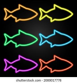 Fish set neon sign, modern glowing banner design, colorful trend of modern design on black background. Vector illustration.