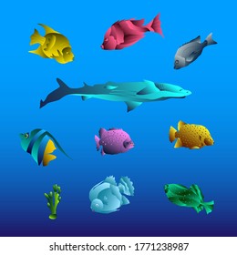 Fish Set over Sea. Vector Illustration of Marine Objects.