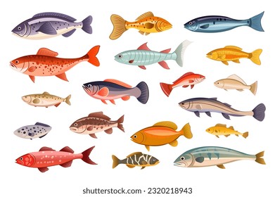 Fish set. Playful cartoon illustration showcasing a charming set of flat-design fish creatively designed with vibrant colors and patterns, adding a delightful touch to the scene. Vector illustration.