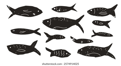 Fish set. Sardines school collection. Salmon silhouettes linocut style. Undersea animals. Vector hand drawn linocut collage elements illustration isolated on white background.