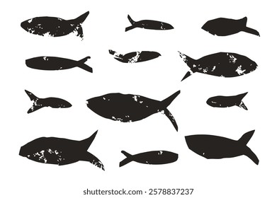 Fish set. Sardines school collection. Salmon silhouettes. Undersea animals. Vector hand drawn cutout collage elements illustration.