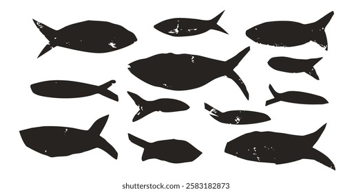 Fish set. Sardines school collection. Salmon silhouettes. Undersea animals. Vector hand drawn cutout collage elements illustration.