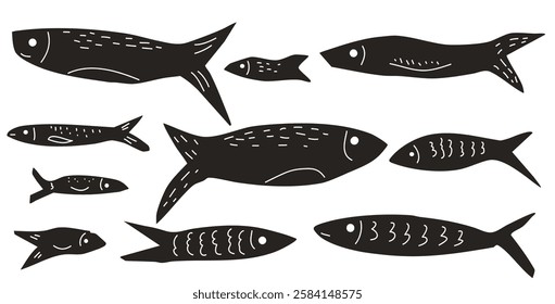 Fish set. Sardines school collection. Salmon silhouettes. Undersea animals. Vector hand drawn linocut collage elements illustration.