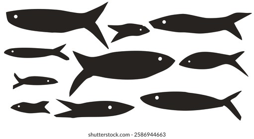 Fish set. Sardines school collection. Salmon silhouettes. Undersea animals. Vector hand drawn cutout collage elements illustration.