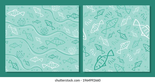 Fish - set of seamless patterns. Vector background for fabric, textile, wallpaper, posters, gift wrapping paper, napkins, tablecloths, pajamas. Print for kids, baby, children