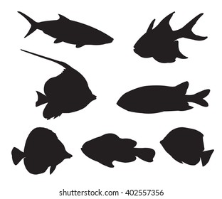 Fish Set Silhouettes on the white background