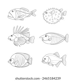 Fish. Set. Six different exotic fish. Vector black and white illustration.