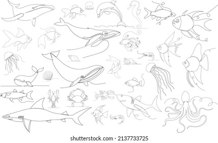 fish set sketch drawing by one continuous line vector, isolated