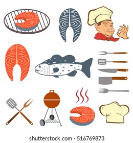 Fish set of steak and tools. Vector Illustration