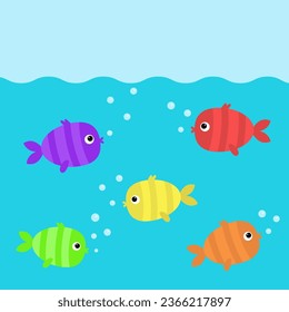 Fish set swim under water. Cute kawaii cartoon funny baby character. Marine life. Bubbles. Colorful aquarium sea ocean animals. Kids collection. Isolated. White background. Flat design. Vector