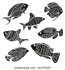 Fish set for tattoo. Stencil  isolated on white background.  Vector illustration. Black and White. Decorative fish. Perfect for signs, logos, web, logotype.