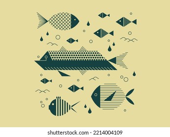 Fish set. Vector illustration with fishes in a line art style.