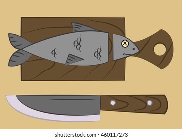 fish with a severed head lying on a cutting board