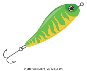 Fish shape lure. Green plastic bait icon